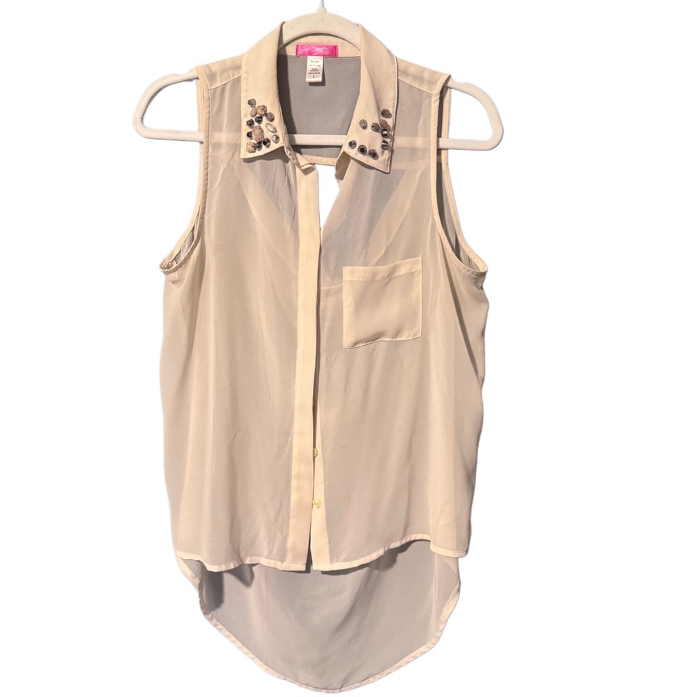 Cream Embellished Sleeveless Blouse with Notched Collar
